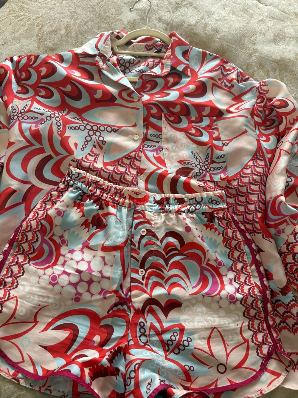 Zara Red, Aqua & Pink Graphic Satin Pajama Set